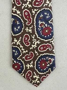 Vintage Paisley Print Silk Tie 80s Geometric Floral Necktie Brown/Purple/Pink
